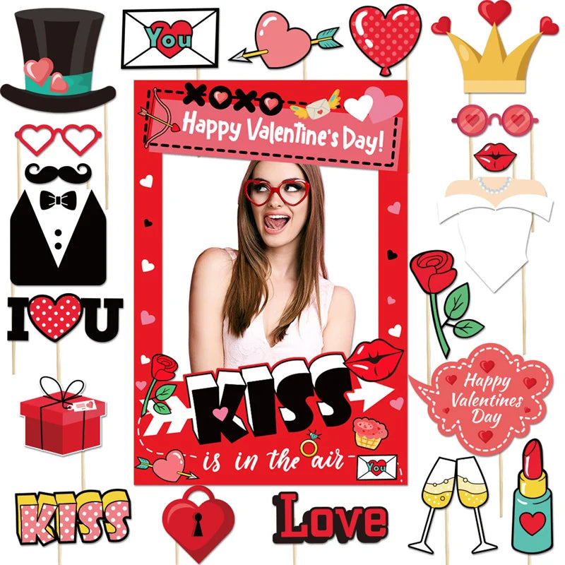 Valentine's Day Photo Booth Props - Romantic Selfie Frame & Props Set